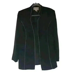 Vintage Black Blazer Jacket White Piping Details Open Front Sz 12 Jones NY